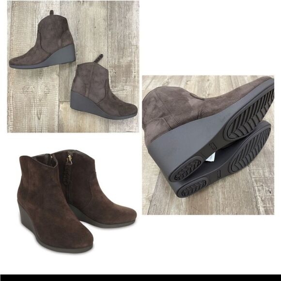 NIB Crocs Leigh Synthetic Suede Wedge Bootie in Espresso - Picture 1 of 5
